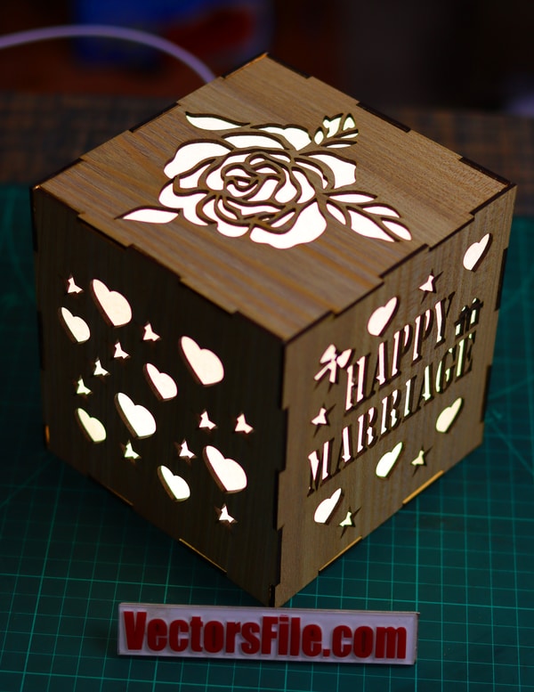 Laser Cut Wooden Box Lamp Happy Marriage Gift Lamp LED Lamp DXF and CDR File