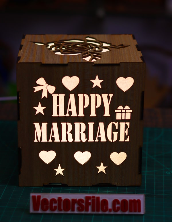 Laser Cut Wooden Box Lamp Happy Marriage Gift Lamp LED Lamp DXF and CDR File
