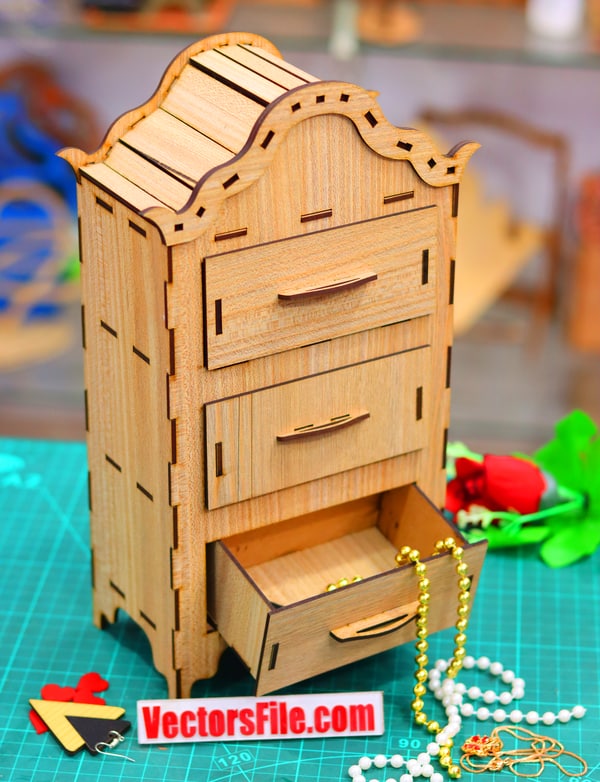 Laser Cut Wooden Almirah Jewelry Box with Drawer Makeup Box DXF and CDR File