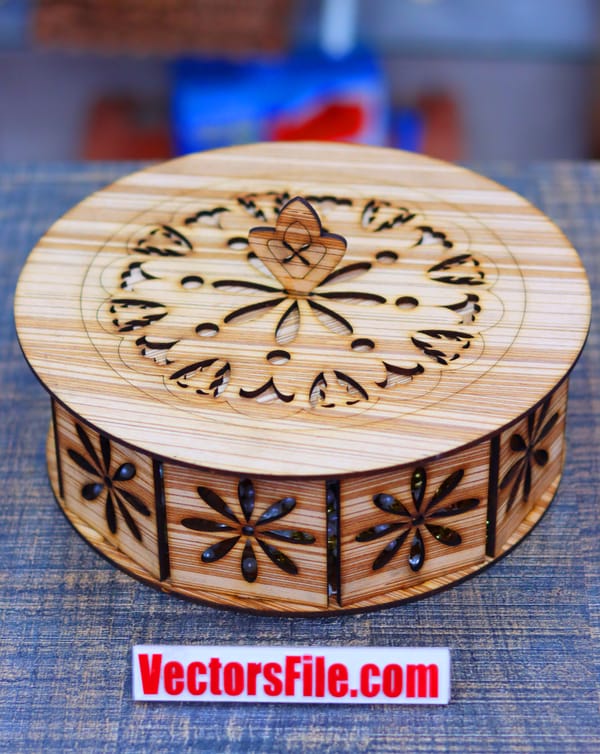 Laser Cut Wooden Round Box 4 Partition with Lid Jewelry Box Gift Box 3mm CDR and DXF File