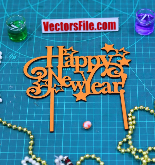 Laser Cut Happy New Year Cake Topper Template DXF and CDR File