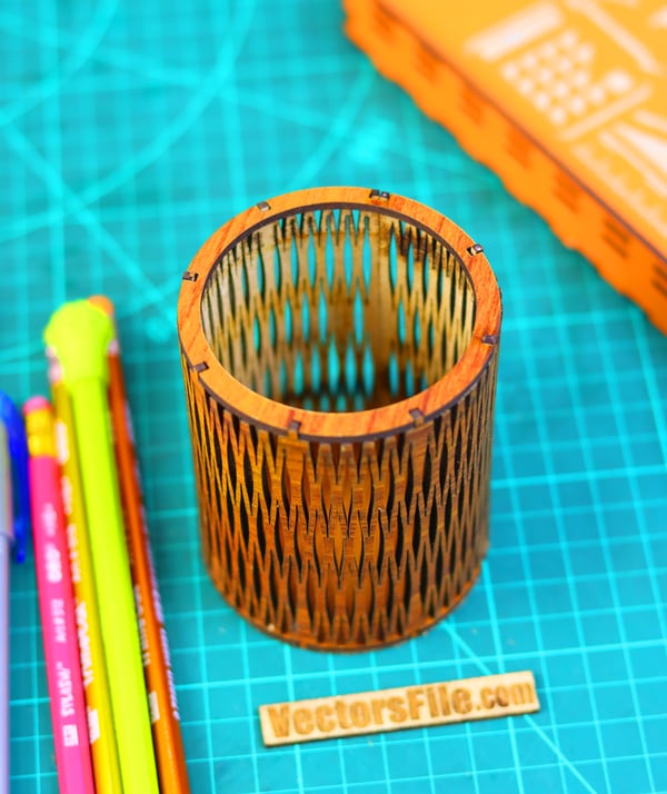 Laser Cut Wooden Round Pen Pencil Box Living Hinge Pattern Design SVG and CDR File