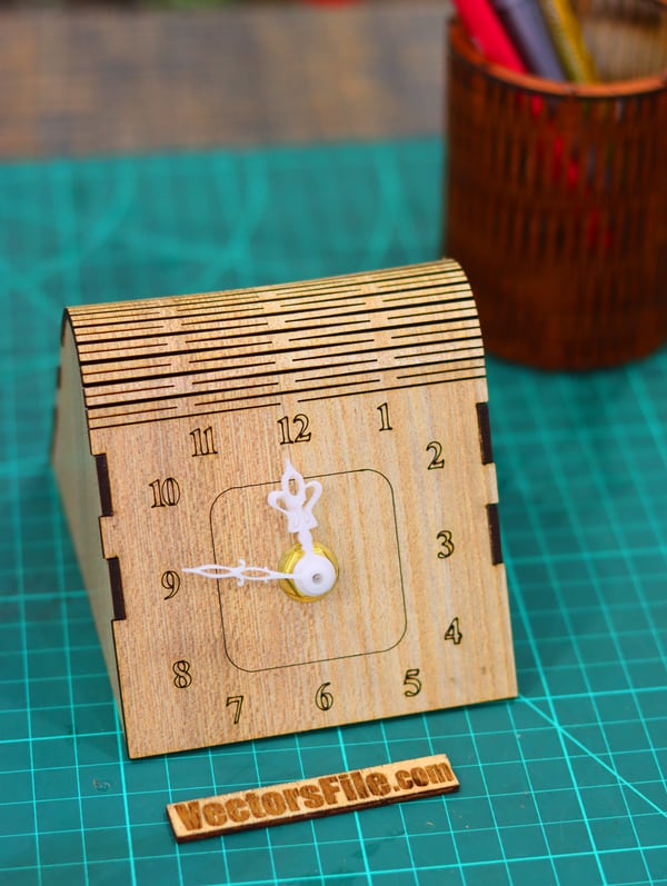 Laser Cut Wooden Table Clock Desk Clock with Living Hinges Design CDR Vector File