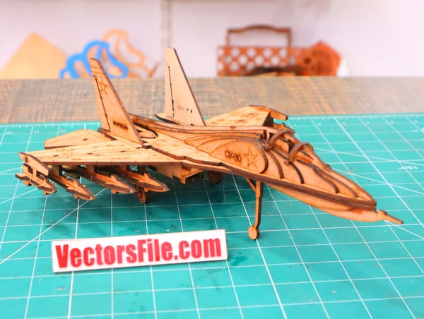 Laser Cut 3D Wooden Puzzle Russian Fighter Jet Su 30 Model 3mm CDR and DXF File