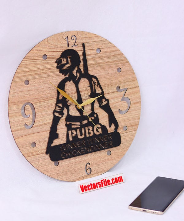 Laser Cut PUBG Game Wall Clock Wooden Wall Clock for PUBG Gamers DXF and CDR File