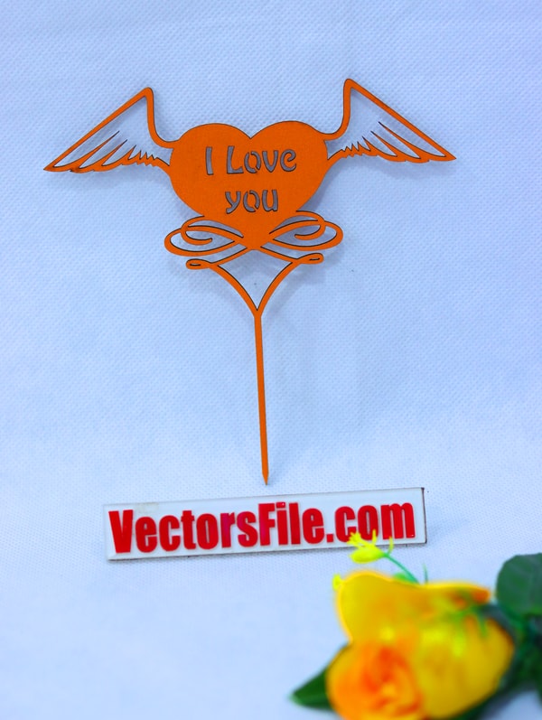 Laser Cut Love Heart with Wings Valentines Day Gift Cake Topper Template Vector File