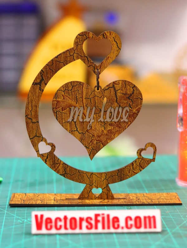 Laser Cut Wooden Heart with Stand Happy Valentine Day Gift Decor Idea CDR and DXF File