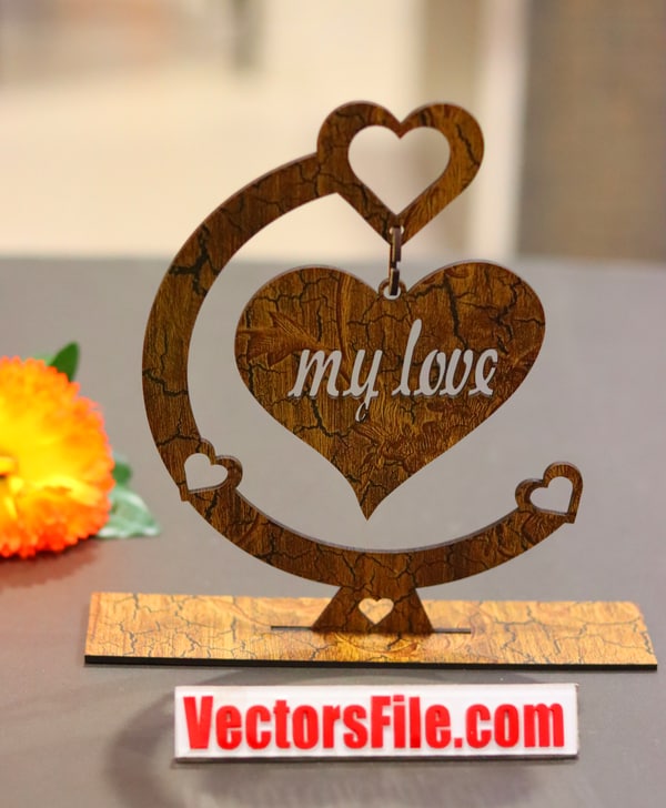 Laser Cut Wooden Heart with Stand Happy Valentine Day Gift Decor Idea CDR and DXF File