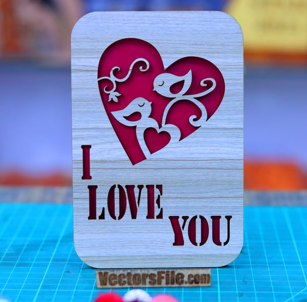 Laser Cut I Love You with Heart Happy Valentine Day Gift Card Template DXF and CDR File