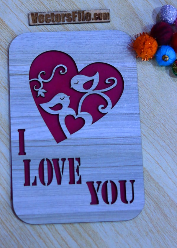 Laser Cut I Love You with Heart Happy Valentine Day Gift Card Template DXF and CDR File