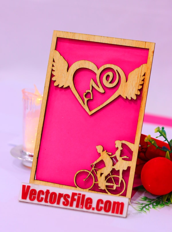 Laser Cut Heart with Wings Couple Happy Valentine Day Gift Card Design Template DXF and CDR File