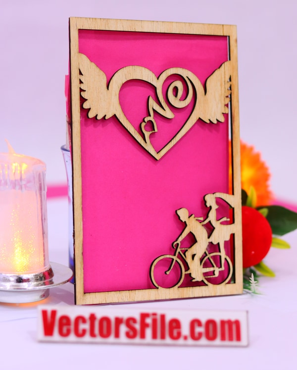 Laser Cut Heart with Wings Couple Happy Valentine Day Gift Card Design Template DXF and CDR File