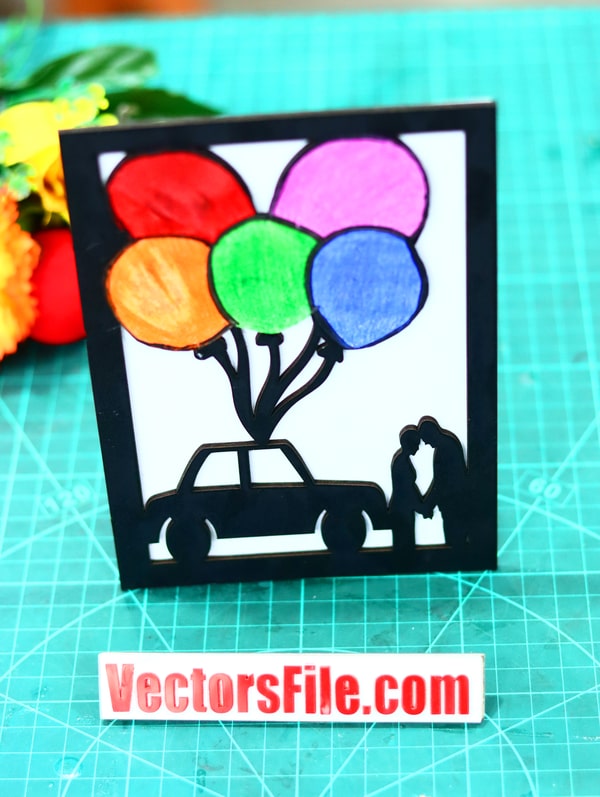 Laser Cut Wooden Couple Gift Car for Wishing Valentine Day Gift Vector File