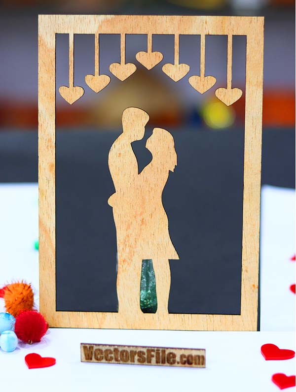 Laser Cut Wooden Happy Valentine Day Gift Card Template Couple Heart Card DXF and CDR File