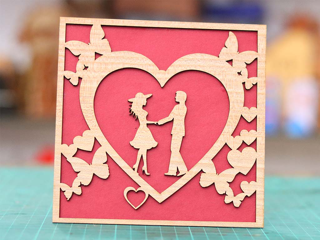 Happy Valentine Day Gift Card Couple with Heart Wooden Card Laser Cut Vector File