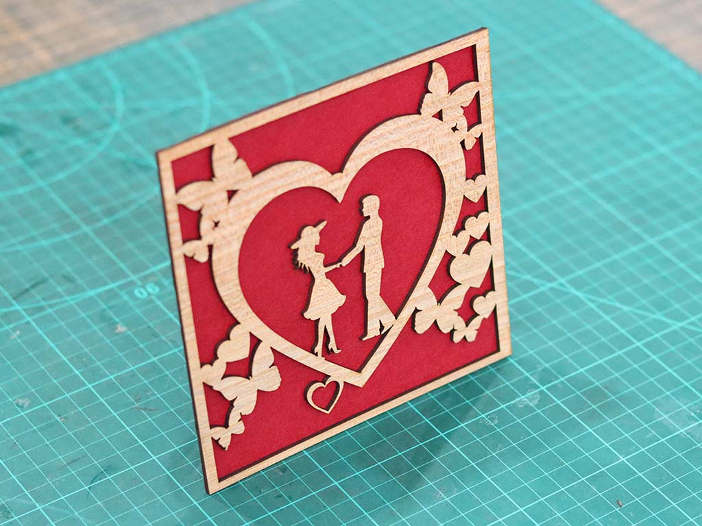 Happy Valentine Day Gift Card Couple with Heart Wooden Card Laser Cut Vector File