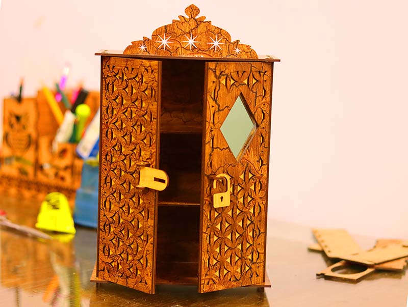 Laser Cut Wooden Almirah Doll House Furniture Jewelry Box Makeup Organizer Shelf Vector File