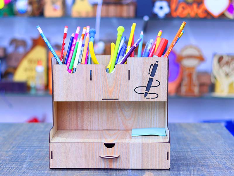 Laser Cut Pen Holder Wooden Office Desk Organizer with Drawer Pencil Box 3mm Vector File