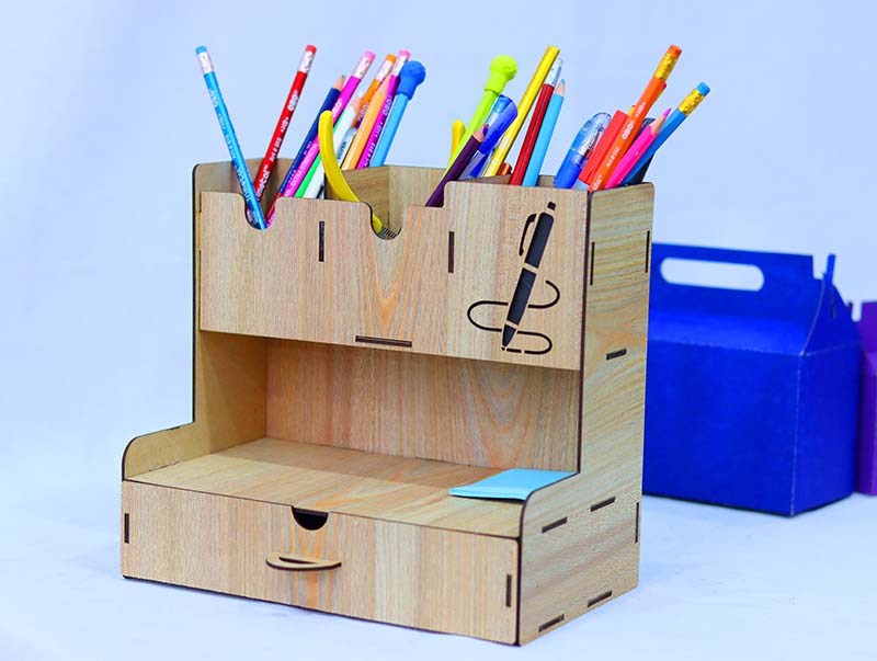 Laser Cut Pen Holder Wooden Office Desk Organizer with Drawer Pencil Box 3mm Vector File