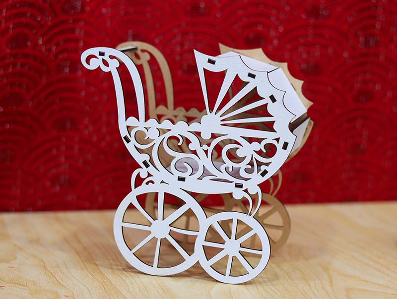 Laser Cut Baby Stroller Flower Basket Wooden Baby Shower Carriage Stroller 3mm Free Vector