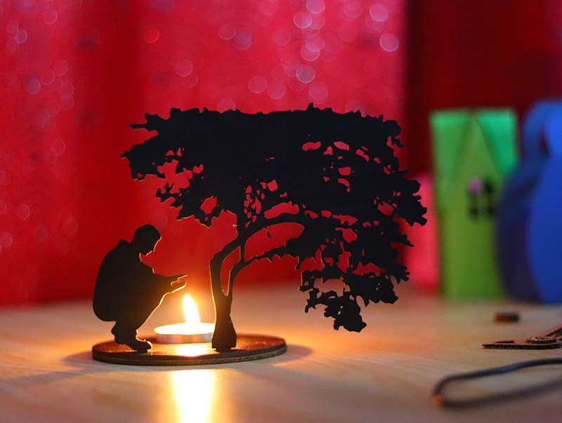 Laser Cut Candlestick Tree with Man Tealight Candle Holder 3mm Free Vector