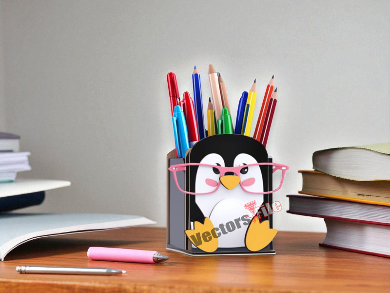 Laser Cut Penguin Shape and Pencil Holder for Kids Desk Organizer Stand