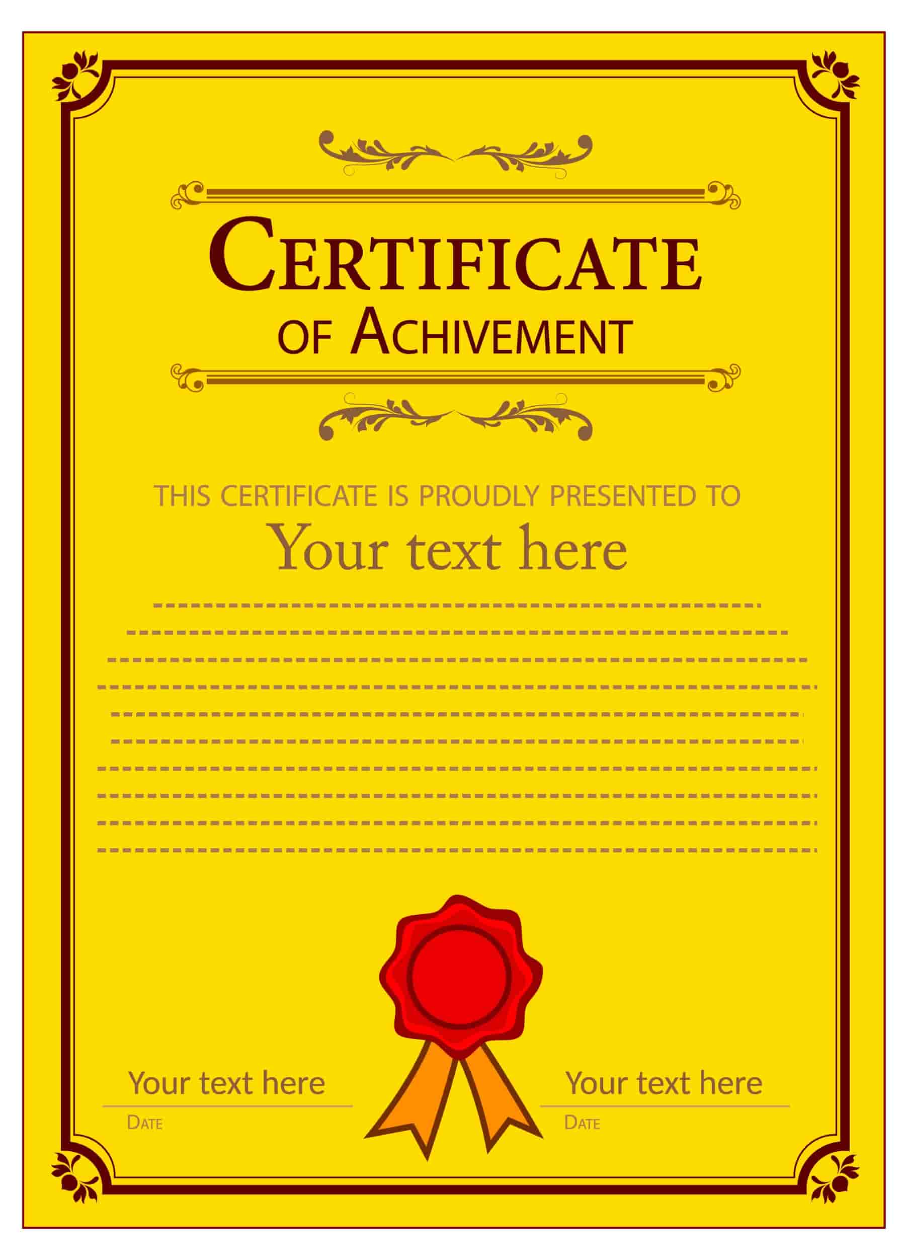 Achievement Certificate Desin In Classical Yellow Background Vector File