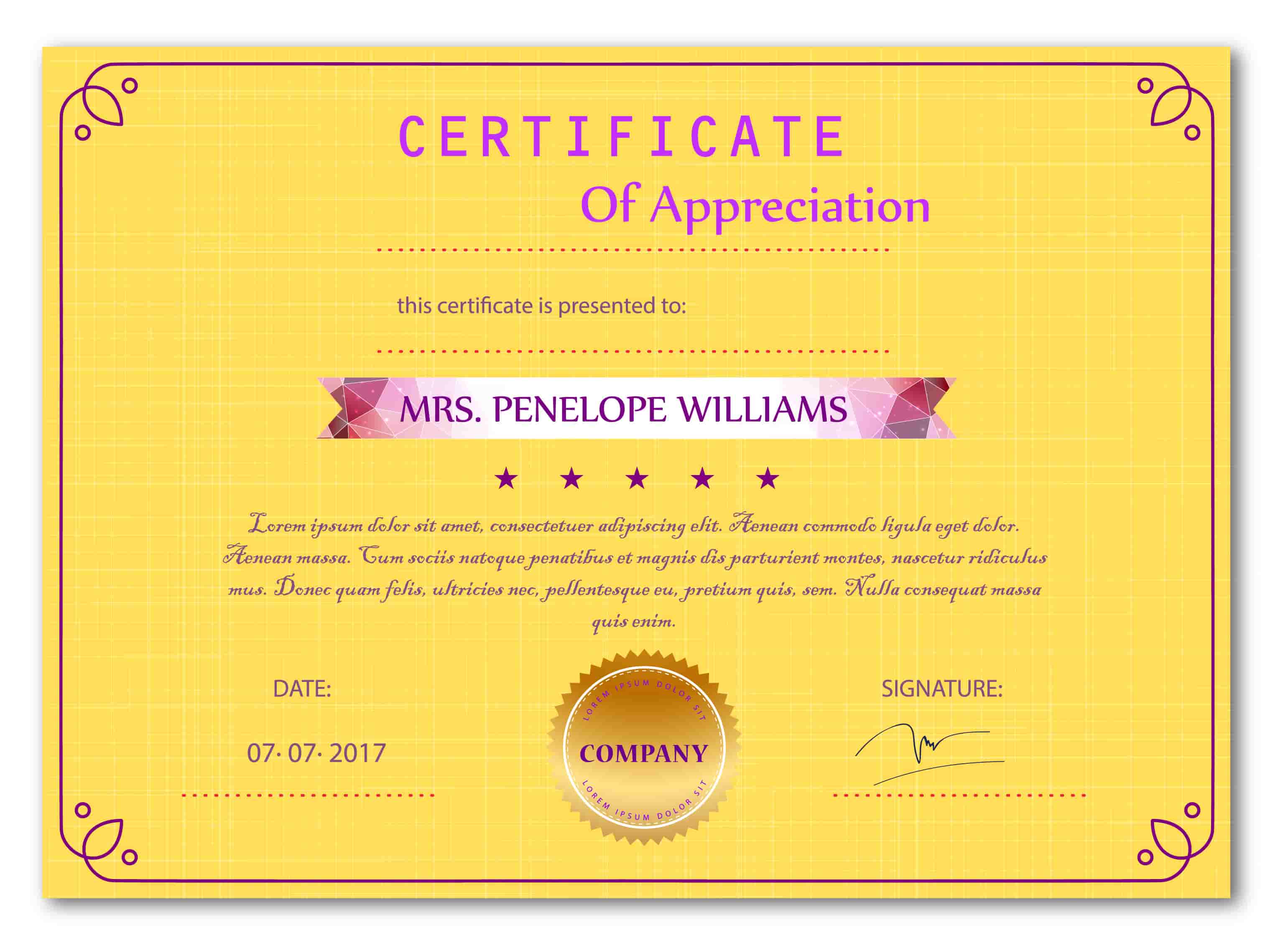 Appreciation Certificate Vector Illustration With Yellow Background Vector File