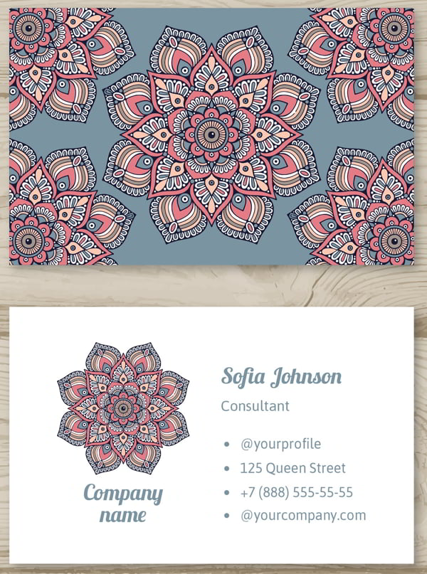 Beautiful Business Card with Mandala Design Free Vector