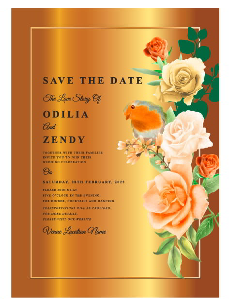 Beautiful Orange Flower Wedding Invitation Card Free Vector