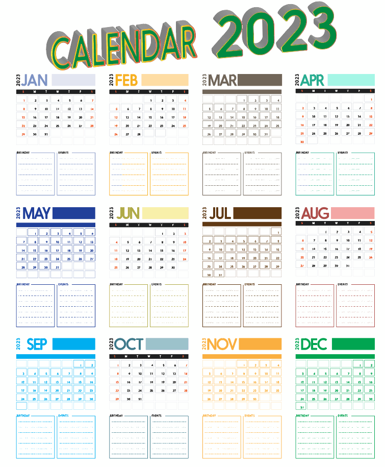 Calendar 2023 with Birthday and Event Reminder Notes Free Vector