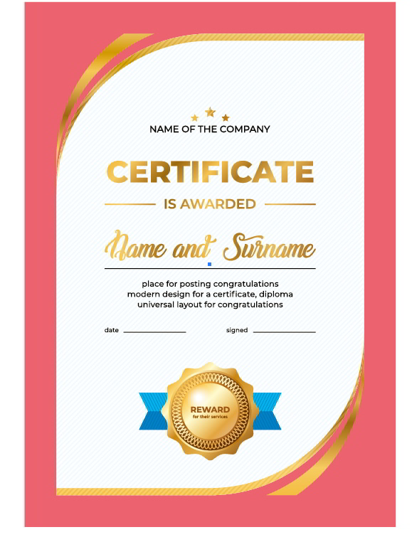 Company Certificate is Awarded Sample Template Free Vector