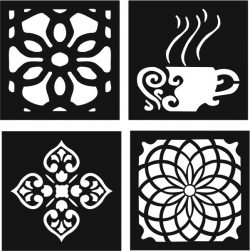 Decorative Motifs of Flower Squares And Coffee Cups for Laser Cut DXF File