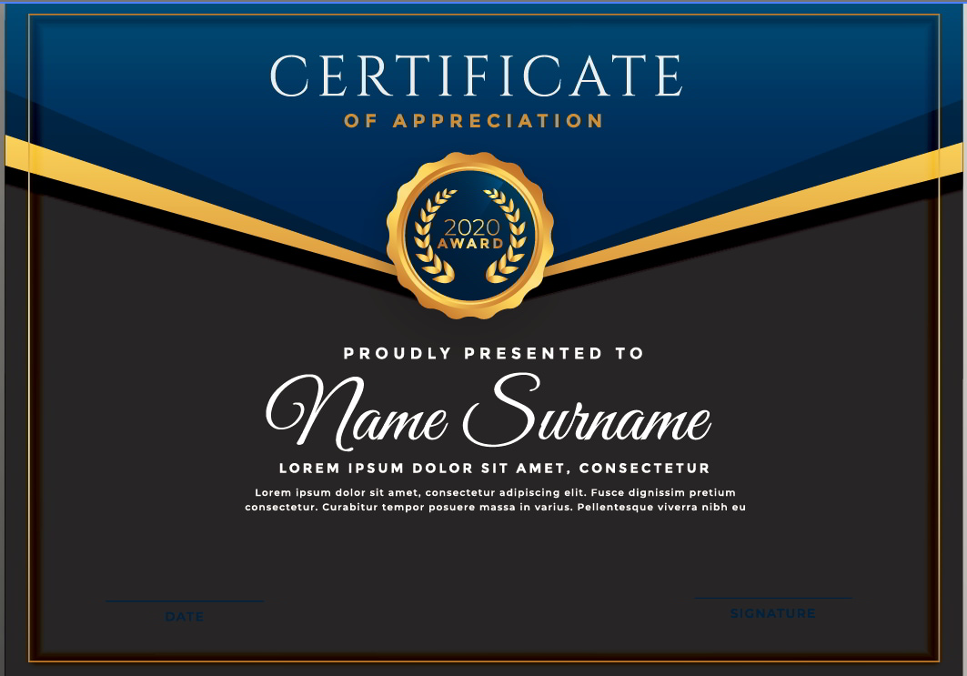 Elegant Blue And Gold Diploma Certificate Template Illustrator Vector File