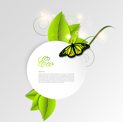 Green Leaf And Butterfly Shiny Background Free Vector