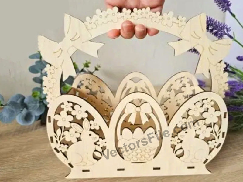Laser Cut Easter Basket Wooden Bunny Egg Holder Basket | Vectors File