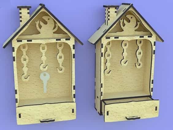 Laser Cut Key House with a Drawer, Wall Key Holder Template Vector File