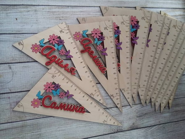 Laser Cut Plywood Triangular Ruler with Name for Kids Education CDR File
