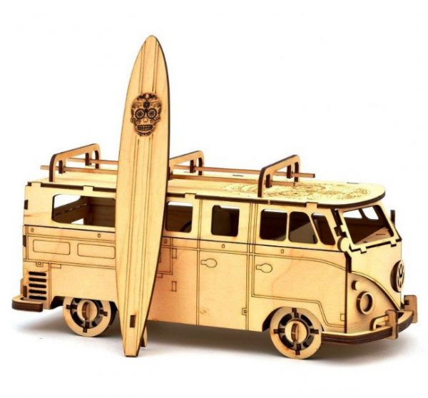 Laser Cut Volkswagen Bus with Surfboard Free Vector File