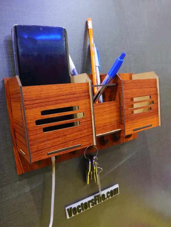 Laser Cut Wall Mounted Dual Mobile Stand with Pen Pencil Holder and Key Organizer Hook Vector File