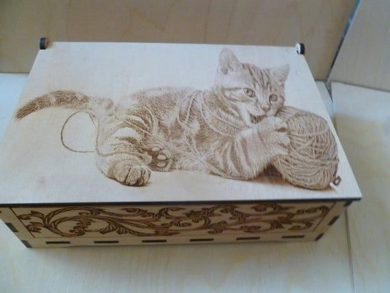 Laser Cut Wood Box with Cat Engraving CDR File
