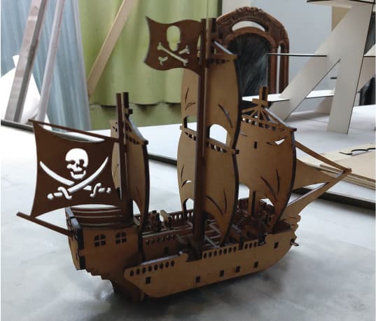 Laser Cut Wooden 3D Model Ship, 4 Sail Pirate Ship Vector File
