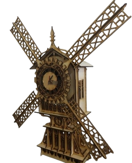 Laser Cut Wooden 3D Puzzle Windmill Wall Clock CDR File