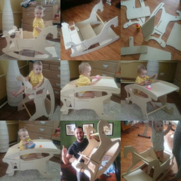 Laser Cut Wooden Assembling A Toddler Feeding Chair Wooden Horse Chair for Kids CDR File