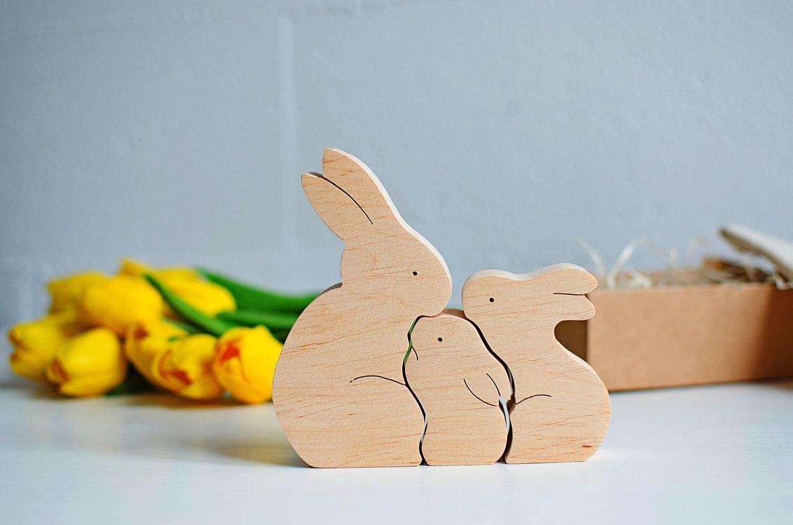 Laser Cut Wooden Bunny Puzzle Bunny Family Easter Kids Gift Toys Free CDR Vectors File
