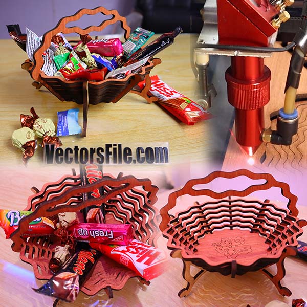 Laser Cut Wooden Candy Basket Gift Hamper Basket for Kids Vector File