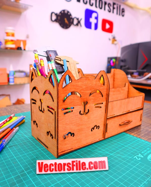 Laser Cut Wooden Cat Face Pen and Pencil Holder Office Desk Organizer DXF and CDR File