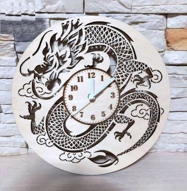 Laser Cut Wooden Dragon Round Wall Clock Free Vector File for Laser Cutting