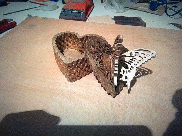 Laser Cut Wooden Fancy Butterfly Heart Jewelry Box Free Vector File