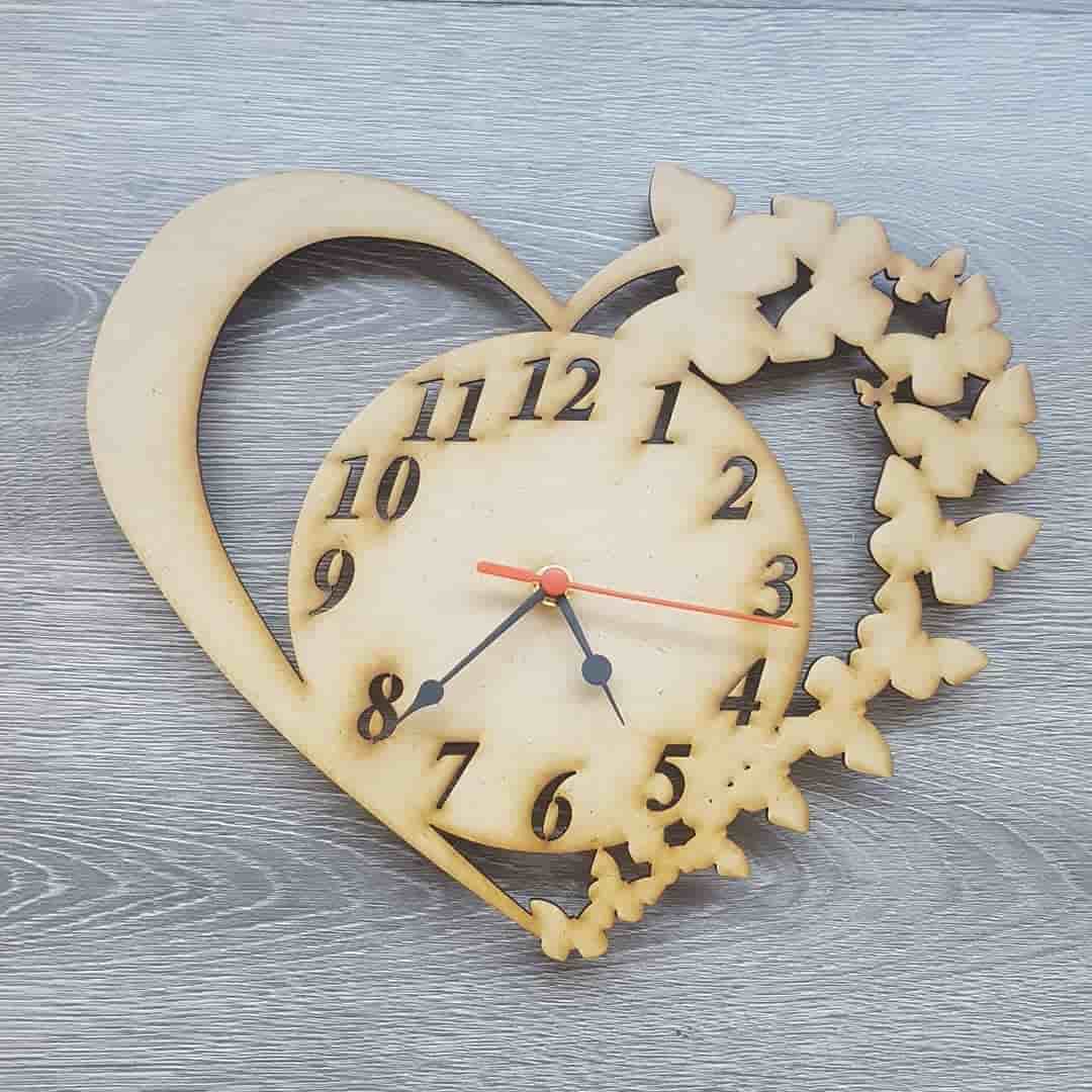 Laser Cut Wooden Heart and Butterflies Wall Clock Vector File